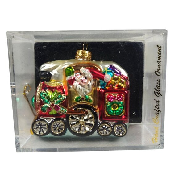 Vintage Hand Blown Glass Christmas Train Ornament With Santa - Picture 1 of 7